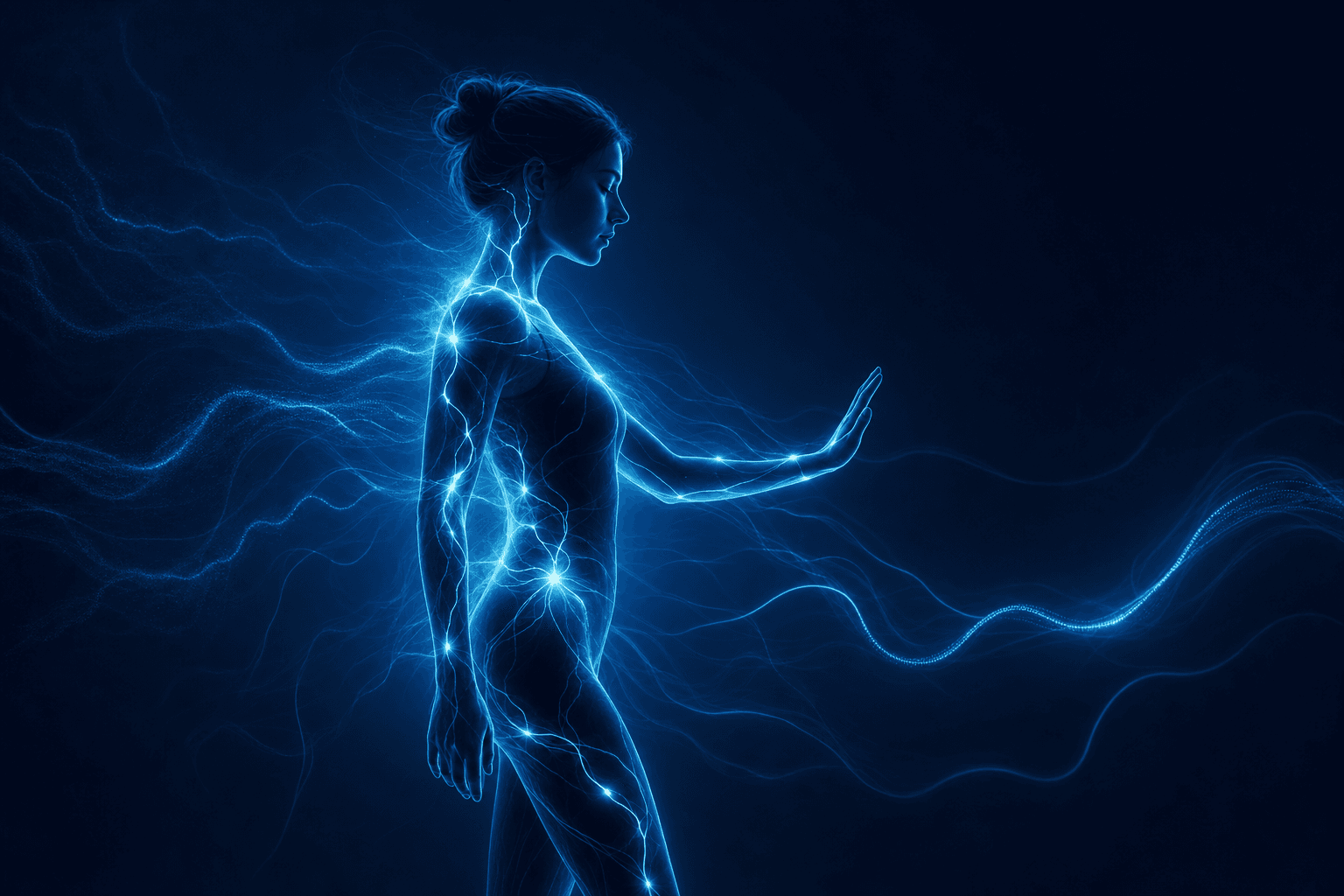 Illustration of a woman in profile with glowing blue energy lines along her body, representing the unstable course of chronic illness