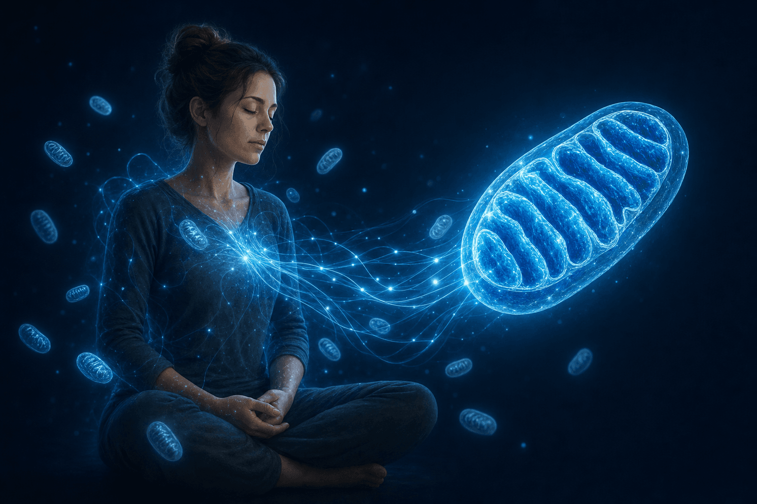 Illustration of a woman with glowing blue energy beside a large mitochondria, representing the cellular energy roots of fatigue