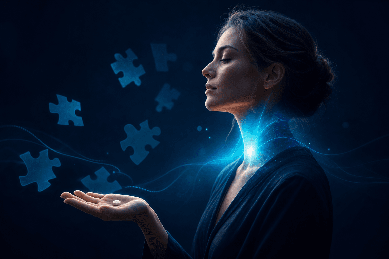 Illustration of a woman in profile with a glowing thyroid gland highlighted at her throat