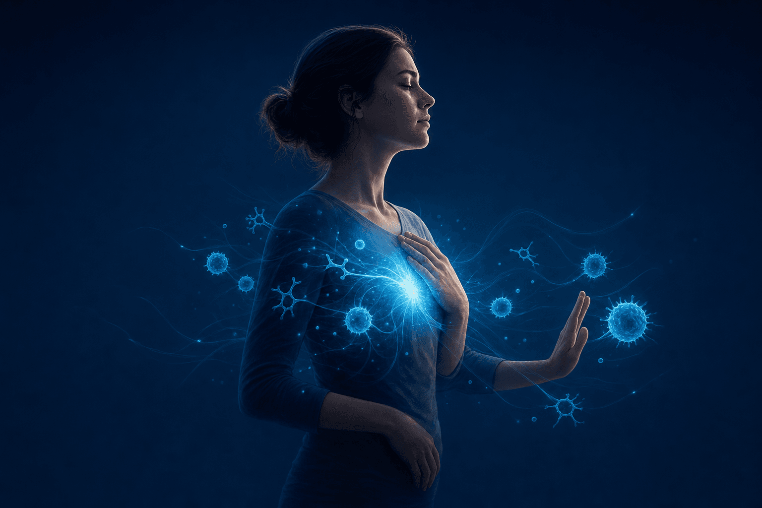 Illustration of a woman in profile with glowing energy radiating from her chest and immune cells nearby, representing suppressed autoimmune symptoms