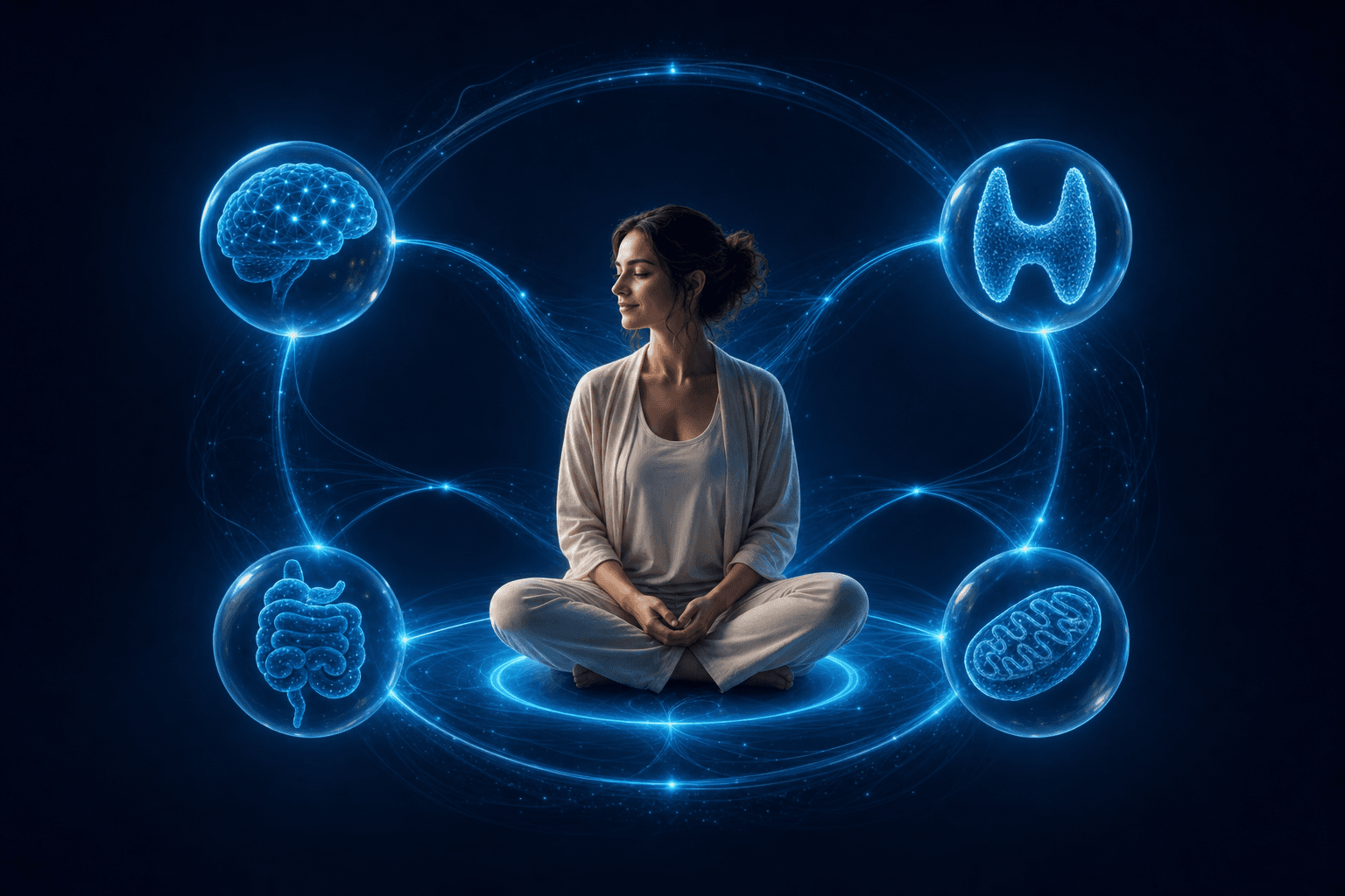 Illustration of a woman encircled by icons of the brain, gut, mitochondria, and thyroid, representing whole-body influences on thyroid health