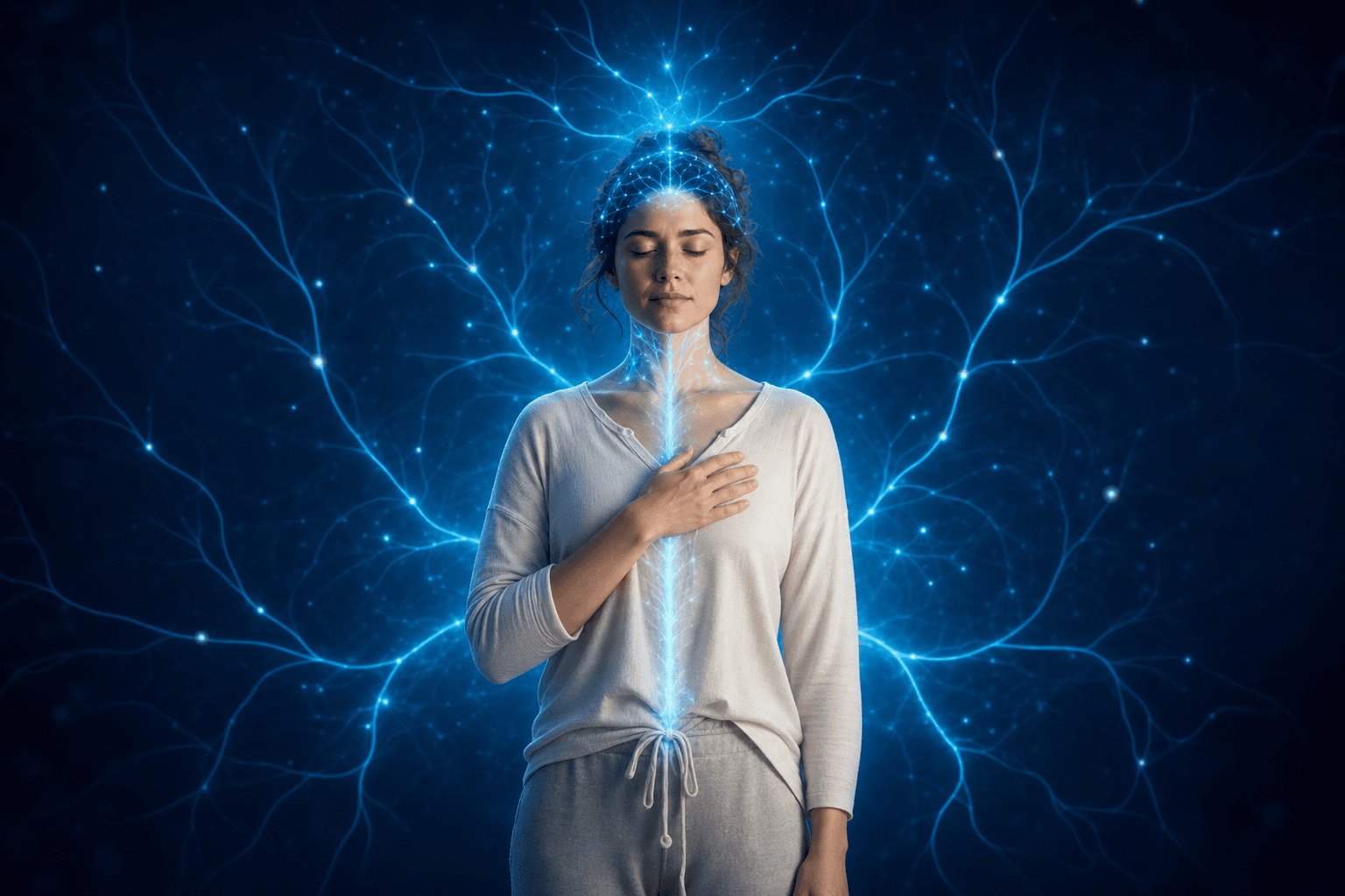 Illustration of a woman with a glowing blue nervous system, representing the body's stress response in POTS