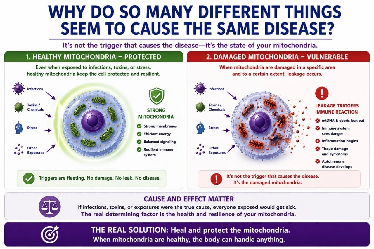 Side-by-side diagram comparing healthy protected mitochondria with damaged vulnerable mitochondria under the same exposures.