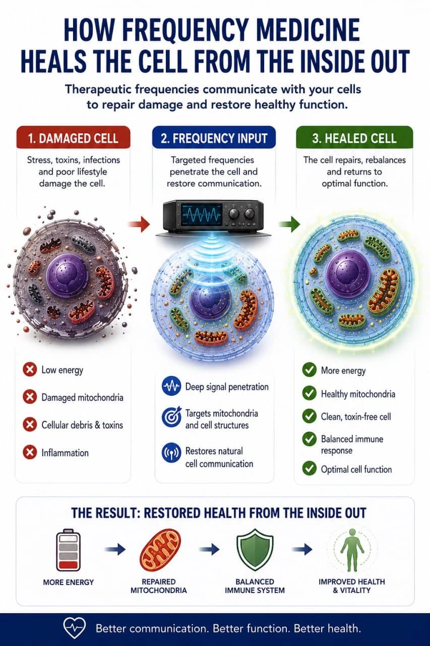 Three-step diagram showing a damaged cell, therapeutic frequency input targeting mitochondria, and a healed cell with restored energy and balanced immune response.