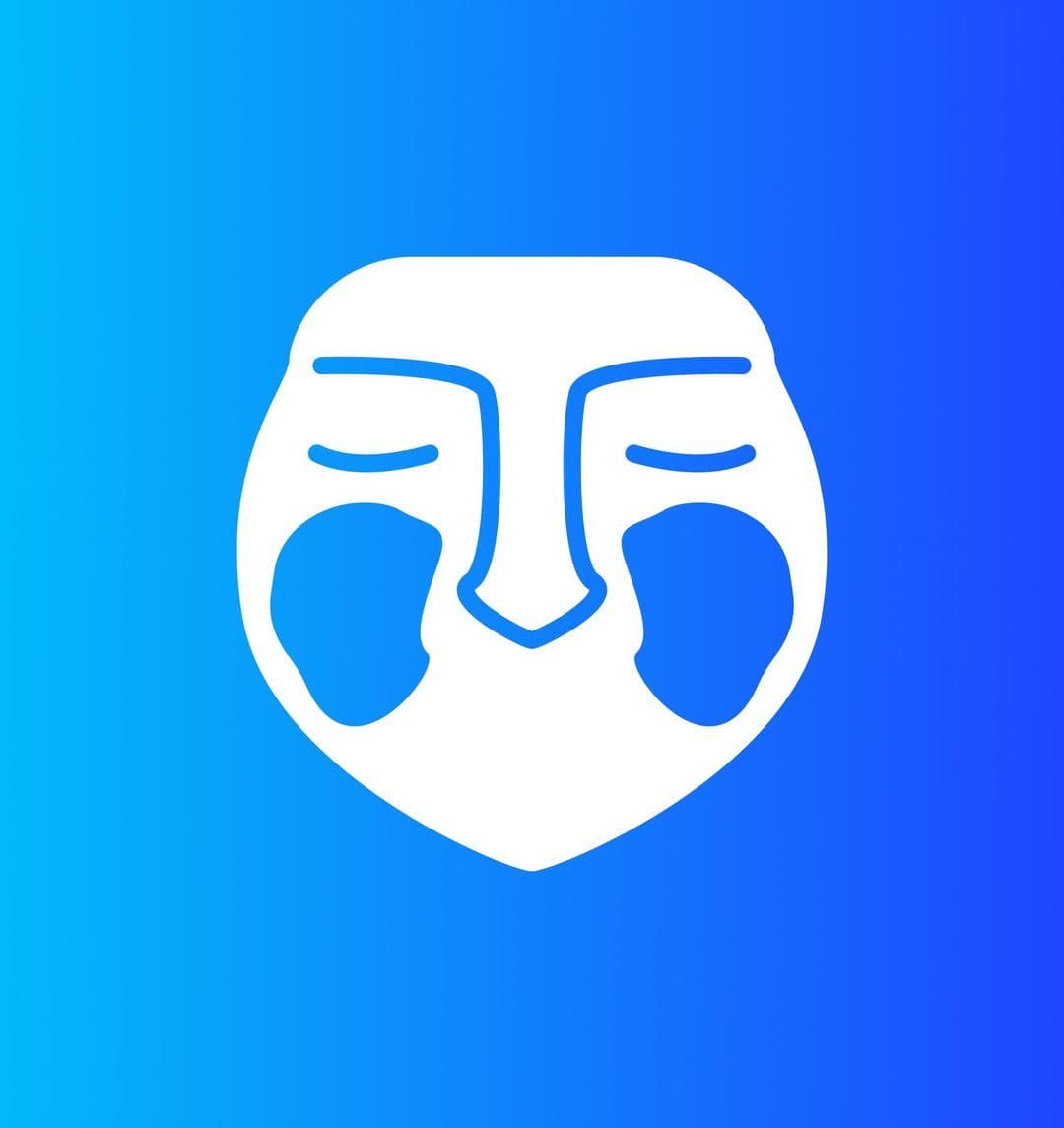 Stylized white illustration of a human face and head on a blue gradient background